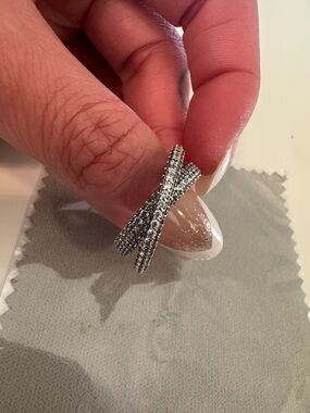 PANDORA timeless Pave crossover dual band Ring EUC size 7.5 56mm SOLID Sterling